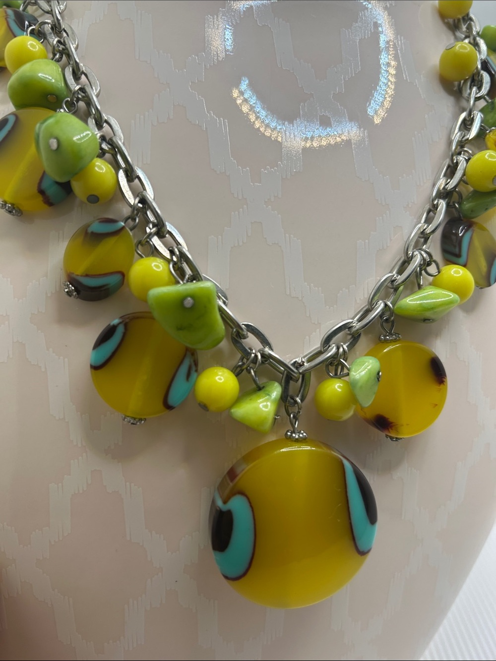 Vintage Yellow and Turquoise Lucite Bead Statement Necklace - Picture 3 of 9